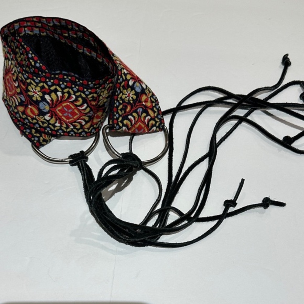 Colorful Bohemian embroidered floral Belt with Black Leather suede Ties 32-46”